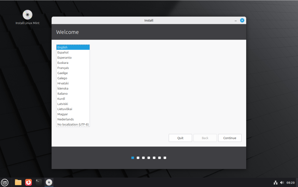 Linux Mint installer language selection screen