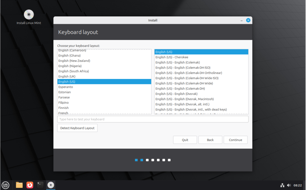 Linux Mint installer keyboard layout selection screen