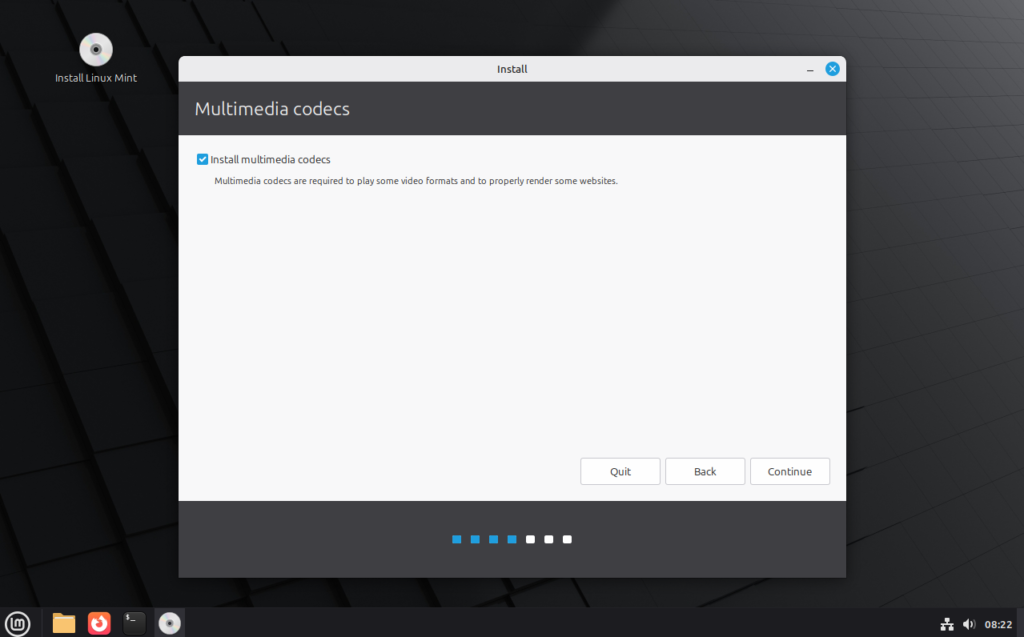 Linux Mint installer multimedia codecs option screen