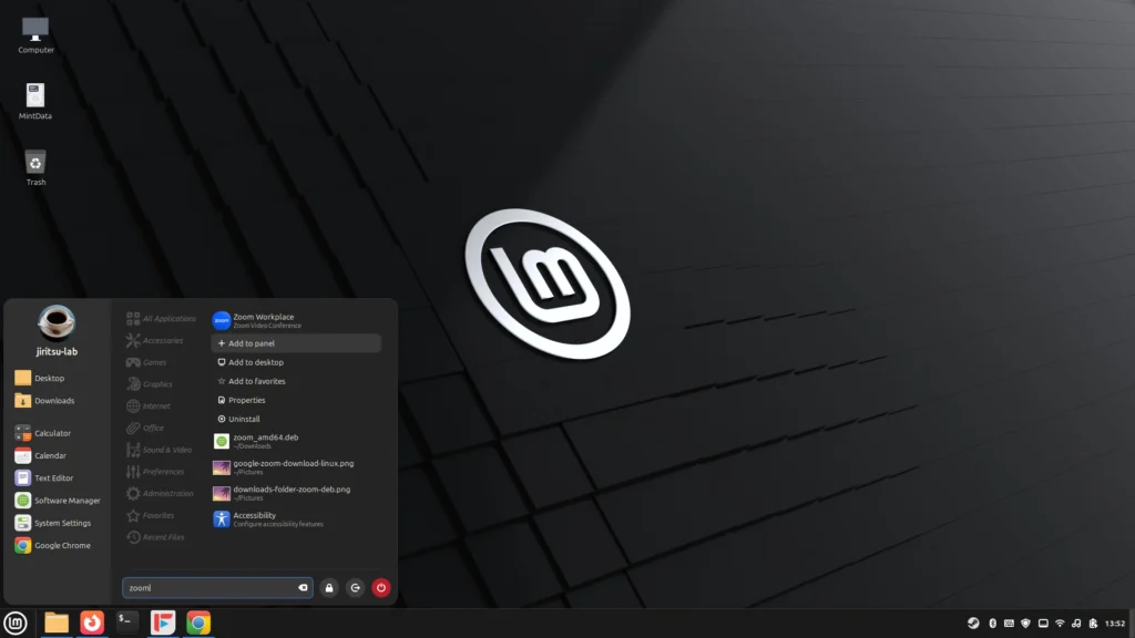 Linux Mint menu showing option to add Zoom application to the panel