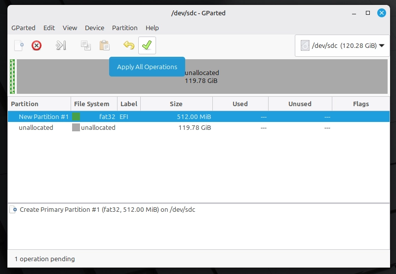 GParted showing 512MB FAT32 partition staged with 1 operation pending