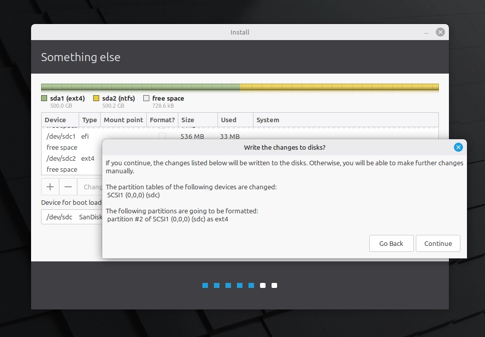 Linux Mint installer confirmation dialog showing ext4 partition to be formatted before installation