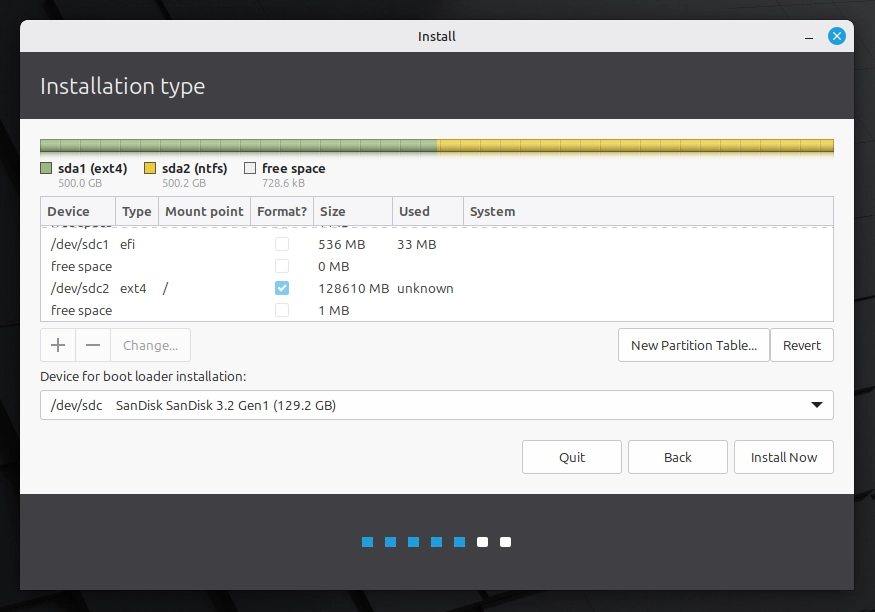 Linux Mint installer showing final partition layout before clicking Install Now