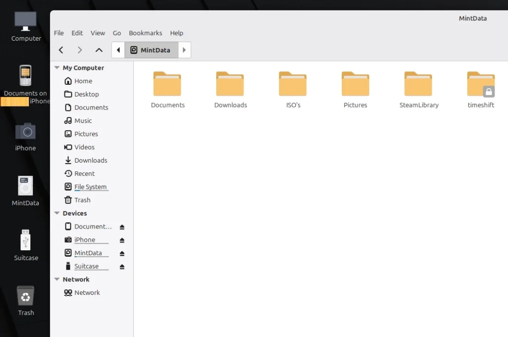 Linux Mint file manager showing multiple mounted devices including iPhone, internal MintData drive, and USB drive “Suitcase” with eject icon to safely unmount
