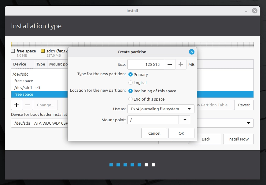 Linux Mint installer creating ext4 root partition from free space