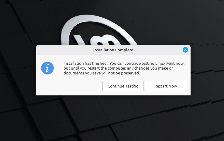 Linux Mint installation complete screen with Restart Now button