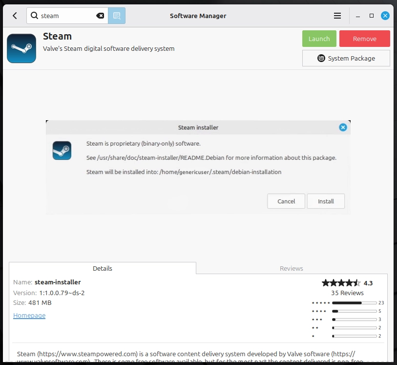 Steam installer window open in Linux Mint Software Manager showing Steam system package ready to install