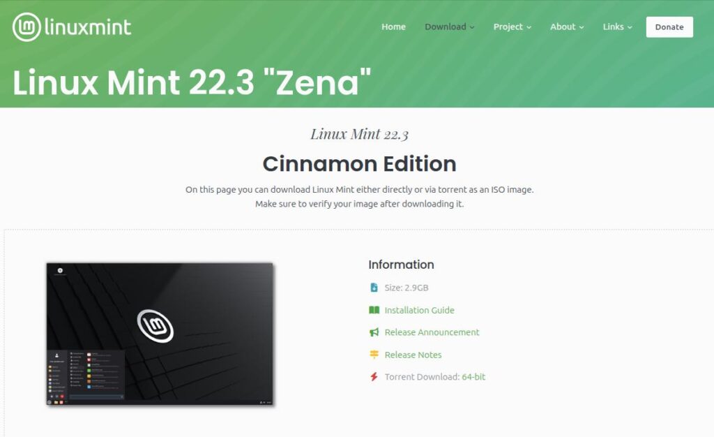 Linux Mint 22.3 “Zena” download page showing Cinnamon edition options
