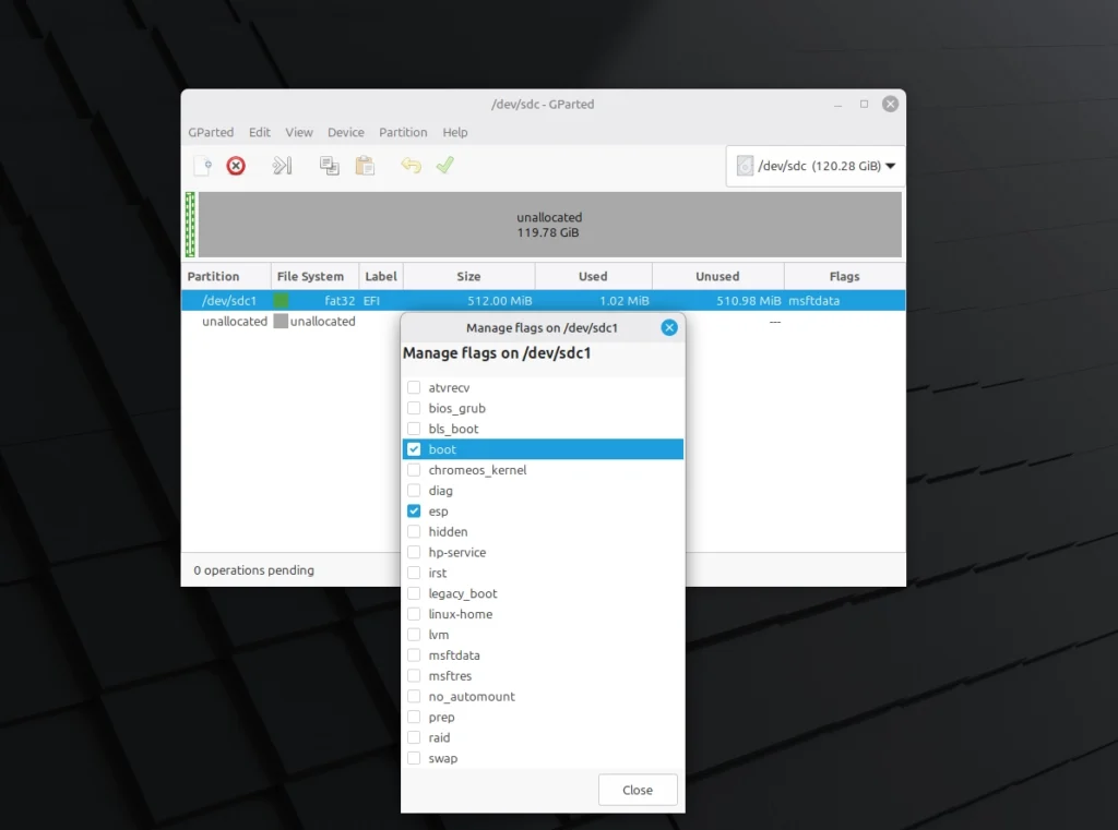 Enabling boot and esp flags in GParted for EFI partition on external SSD