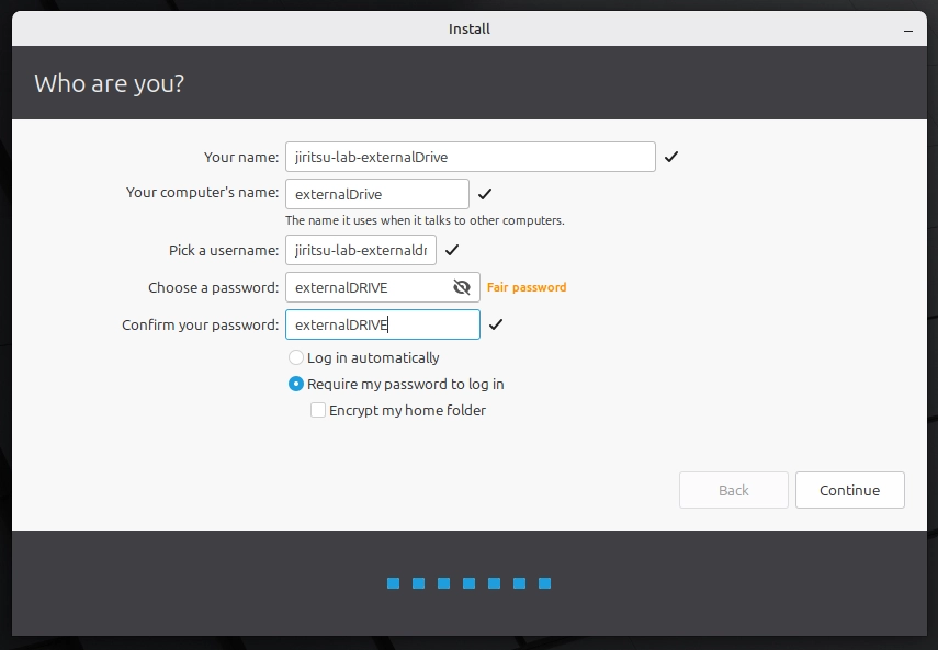 Linux Mint installer screen for creating username and password