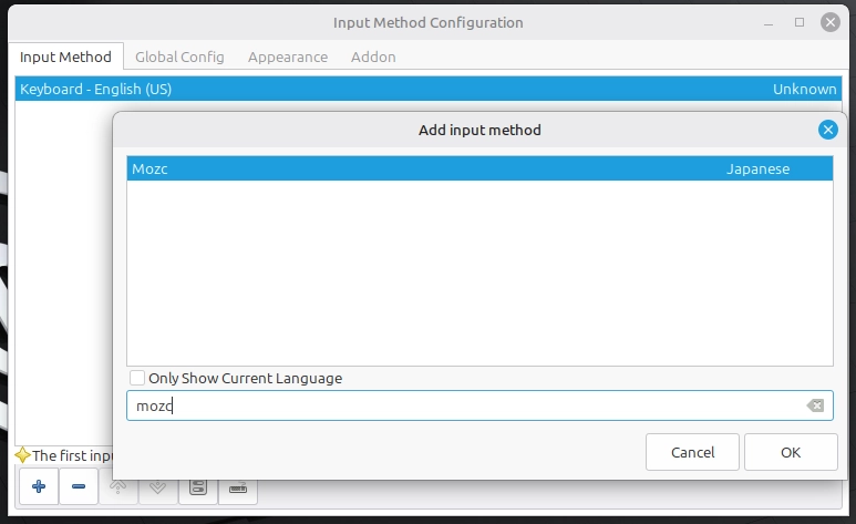 Linux Mint input method configuration window showing Mozc selected as Japanese input method