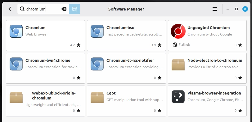 Linux Mint Software Manager search results showing Chromium web browser