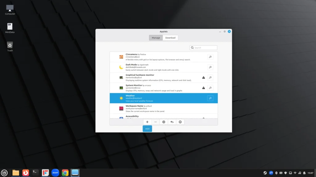 Linux Mint Cinnamon applets window showing available panel applets to add