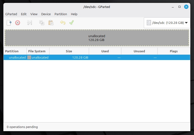 GParted showing external SSD as unallocated drive before creating EFI partition