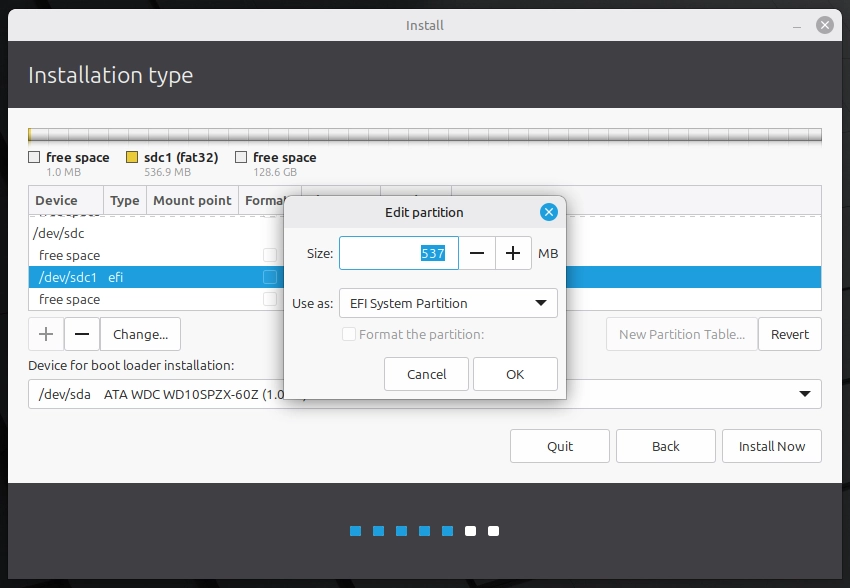 Linux Mint installer edit partition window set to EFI System Partition without formatting