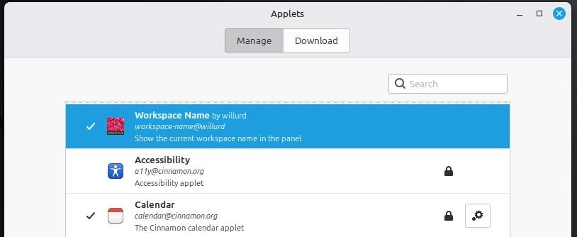 Workspace Name applet displayed in the Linux Mint Cinnamon panel showing the current virtual desktop name.