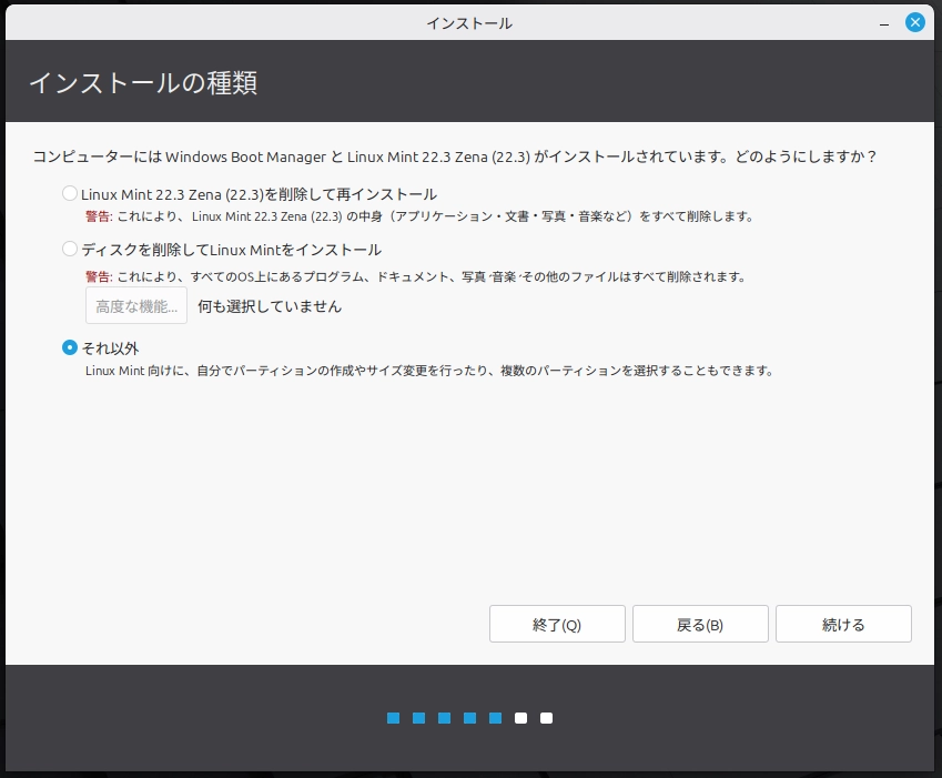 Linux Mint installer installation type screen with Something else selected