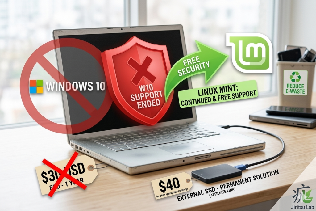 Old Windows 10 laptop showing security warning next to Linux Mint logo and external SSD