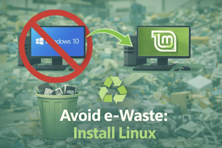 Old Windows 10 laptop with red “no” symbol next to Linux Mint logo, representing avoiding e-waste by installing Linux instead of replacing a working computer.