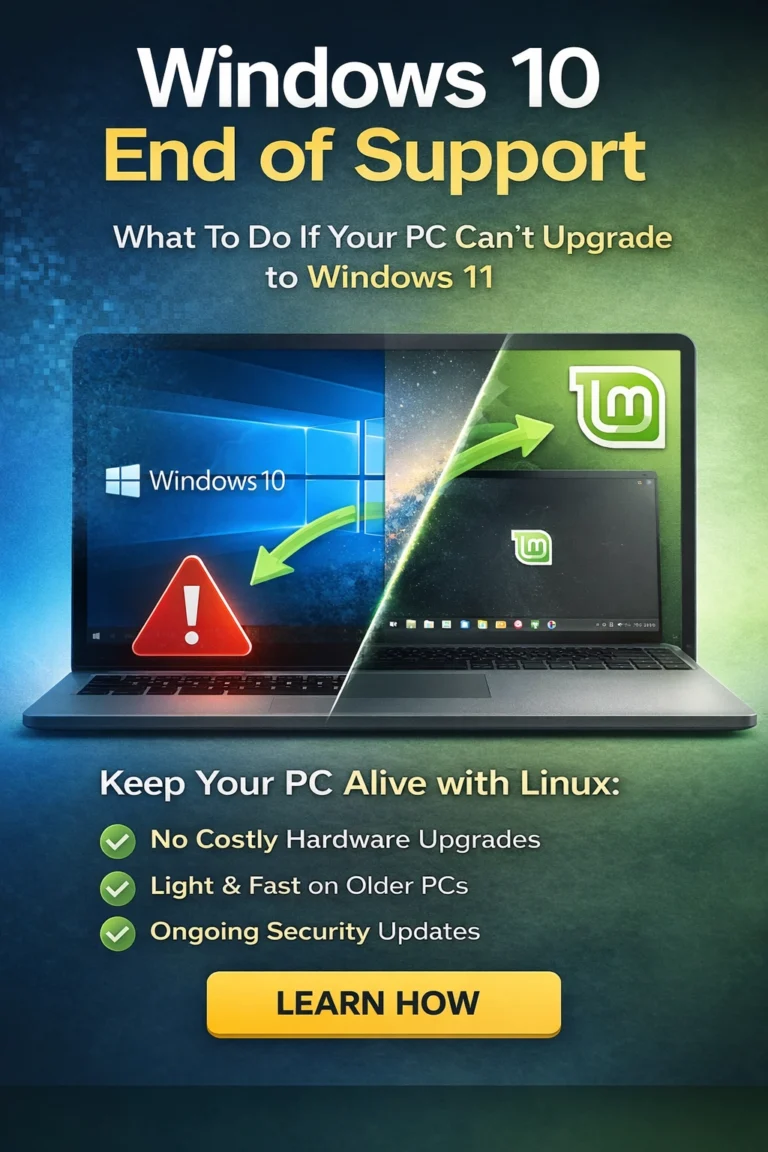 Graphic showing Windows 10 end of support and switching to Linux Mint to keep an old PC running