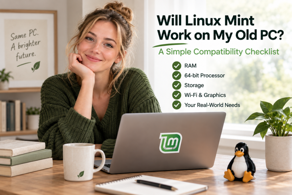 Woman in green sweater using a Linux Mint laptop with a compatibility checklist