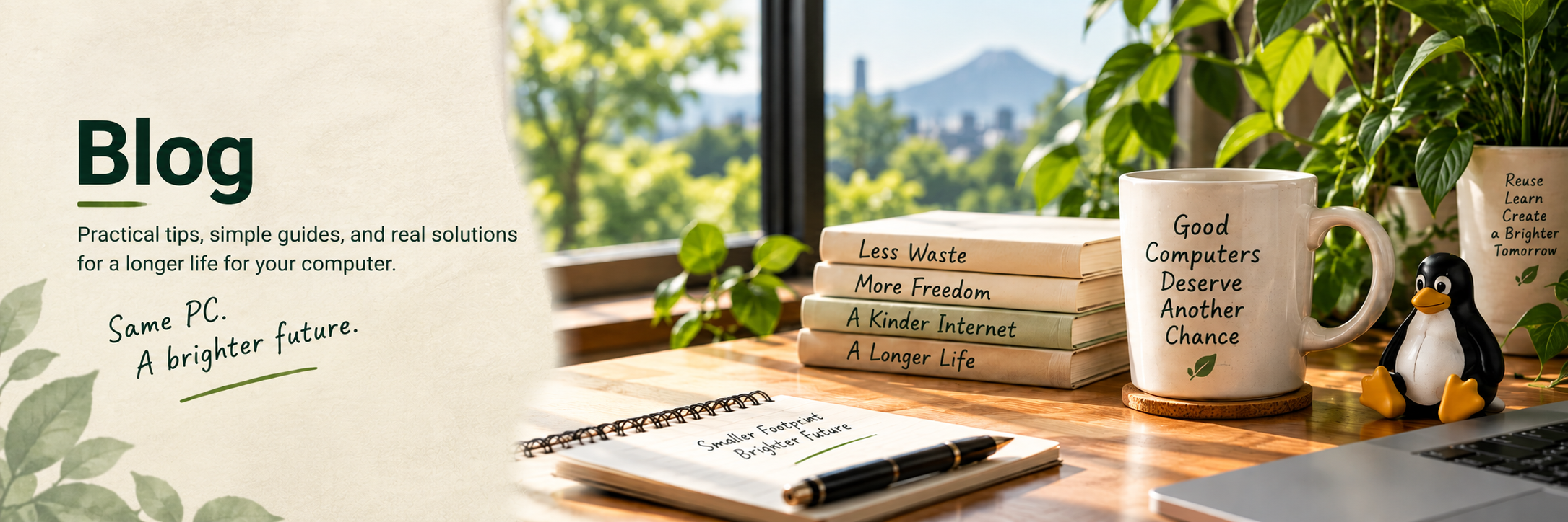 Jiritsu Lab blog banner featuring a cozy workspace, Linux penguin, books, plants, and a message about giving computers a second life